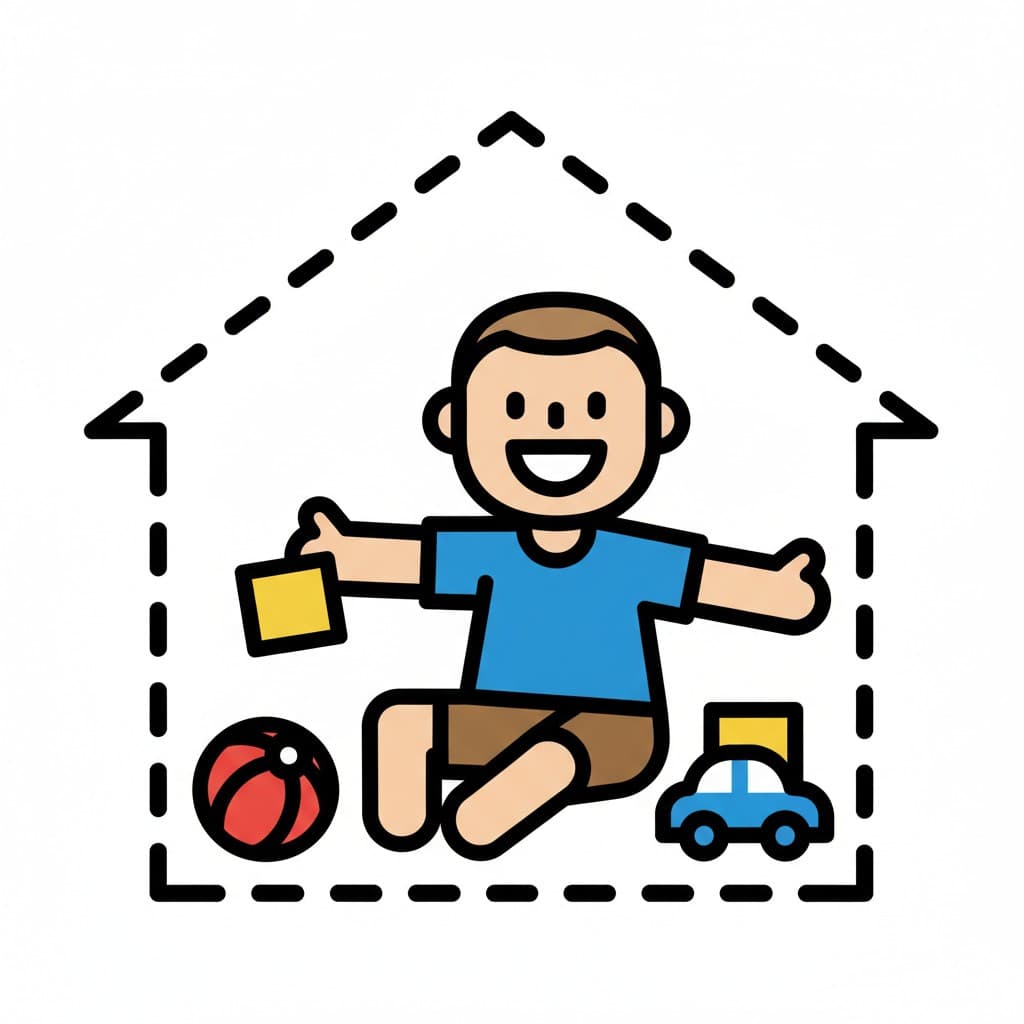 En tecknad pojke sitter glad inuti en husform med prickig kontur. Han leker med en röd boll, ett gult block och en blå bil.