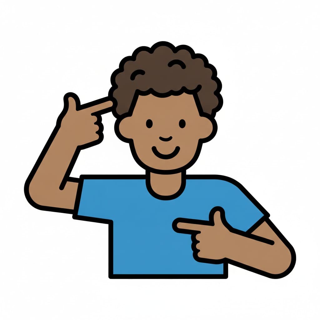 Ein Junge im blauen T-Shirt zeigt mit einer Hand auf seine Haare und mit der anderen auf seinen Körper.