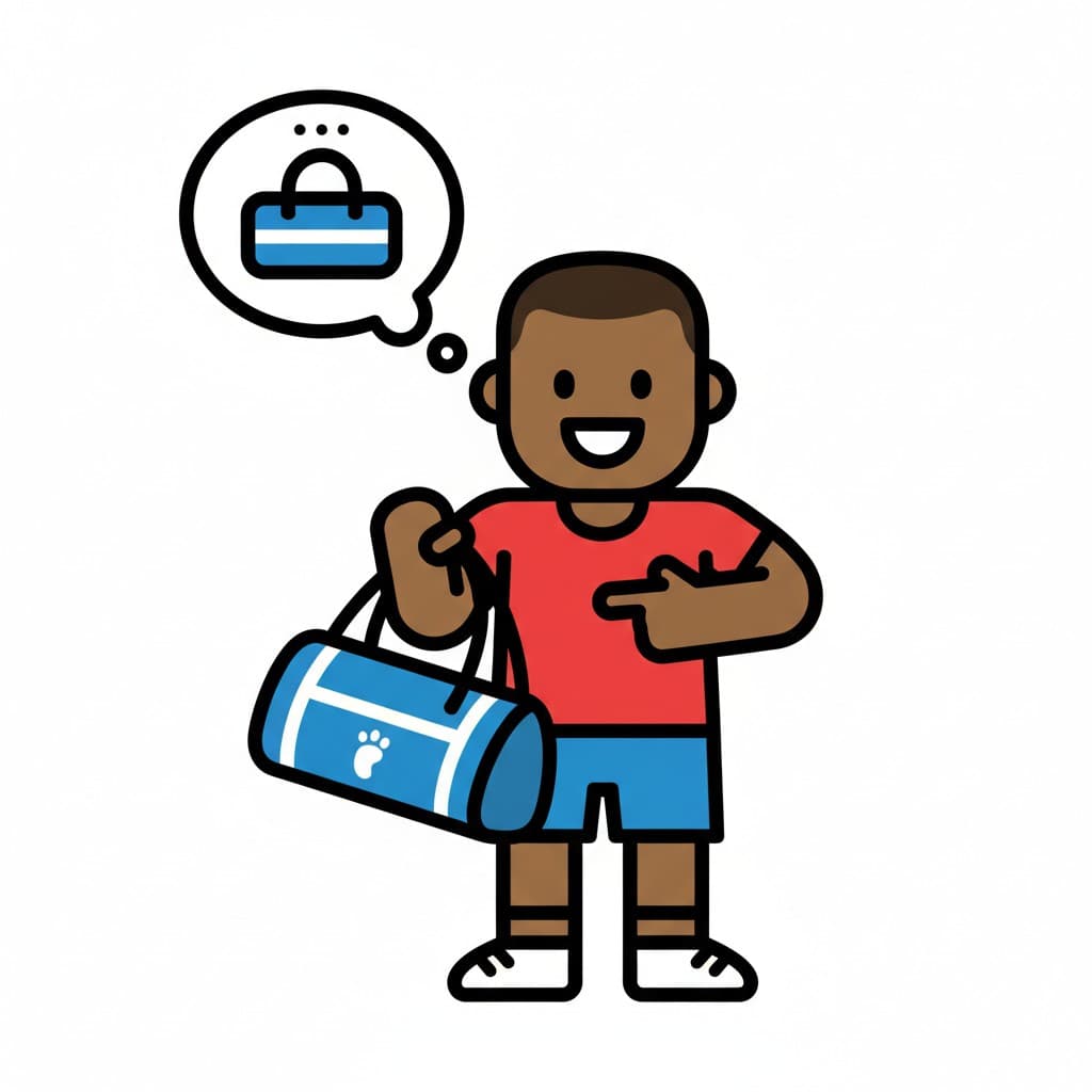 A boy holds and points at his blue gym bag with a paw print, and a thought bubble with a gym bag icon above his head.