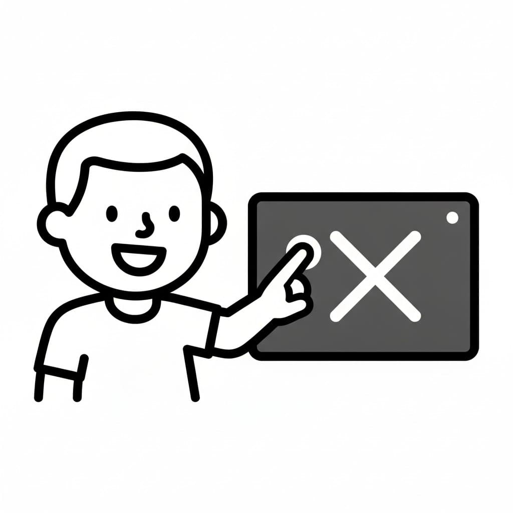 In einer Strichzeichnung drückt ein Junge den Aus-Knopf an einem dunklen Tablet mit weißem Kreuz.