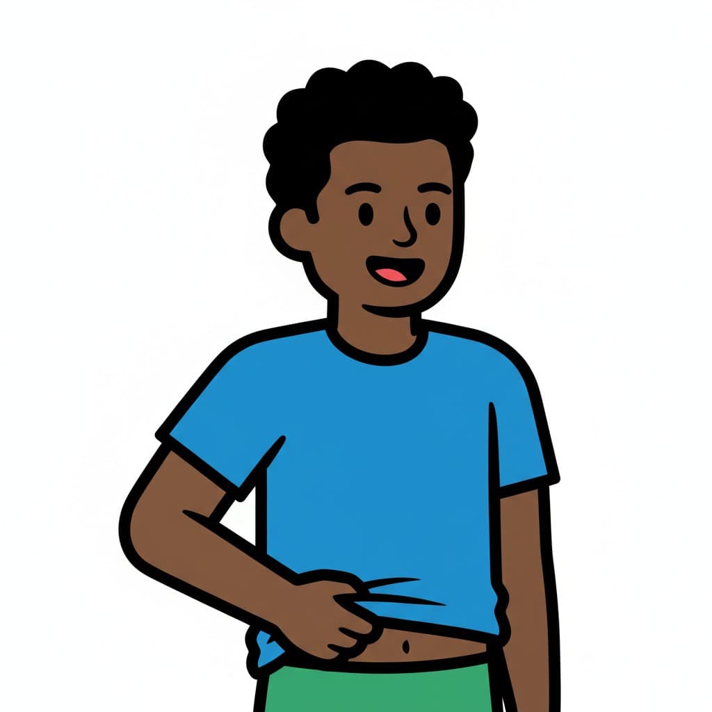A boy pulls down his blue t-shirt, showing green underwear.