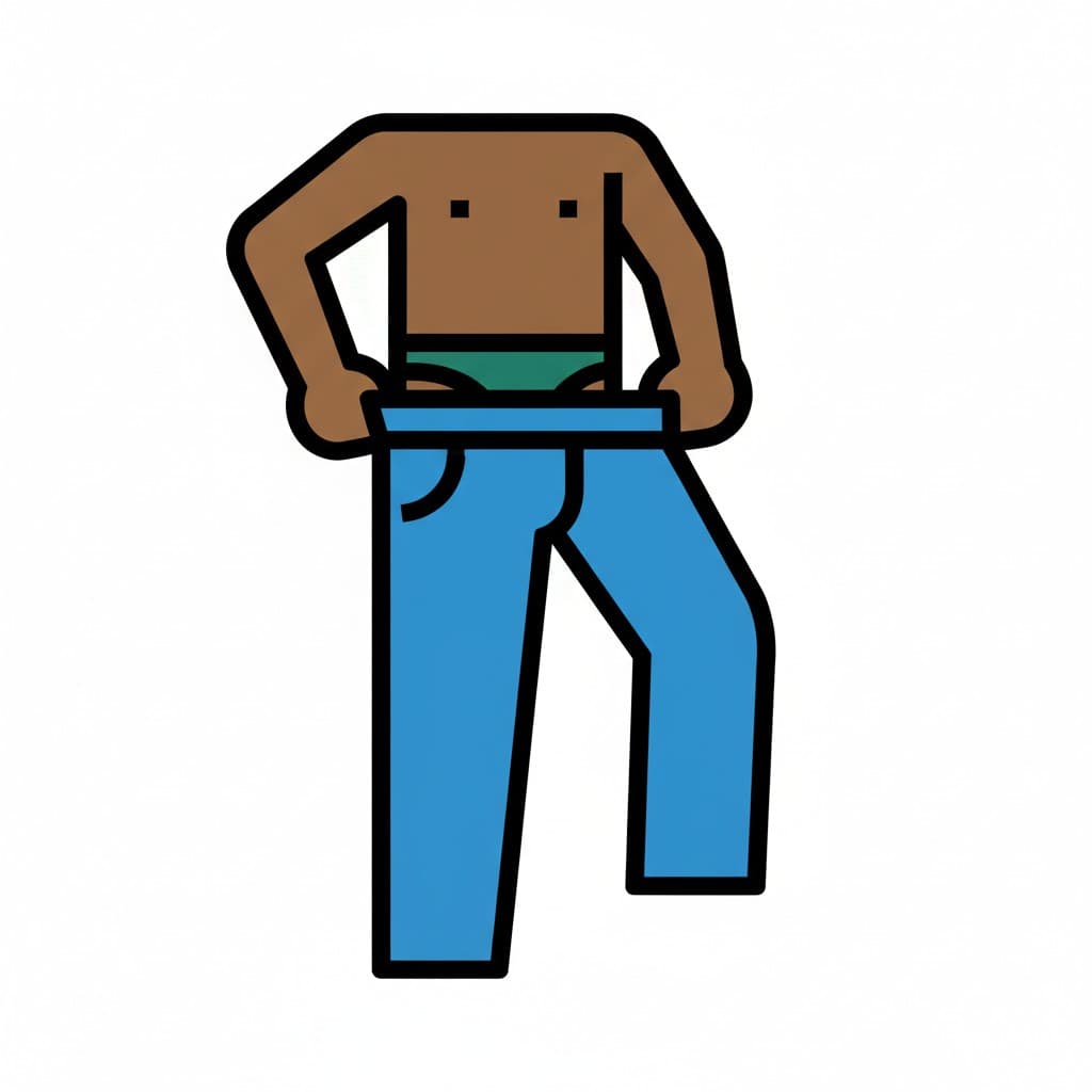 A boy pulls a pair of blue pants up around his waist.
