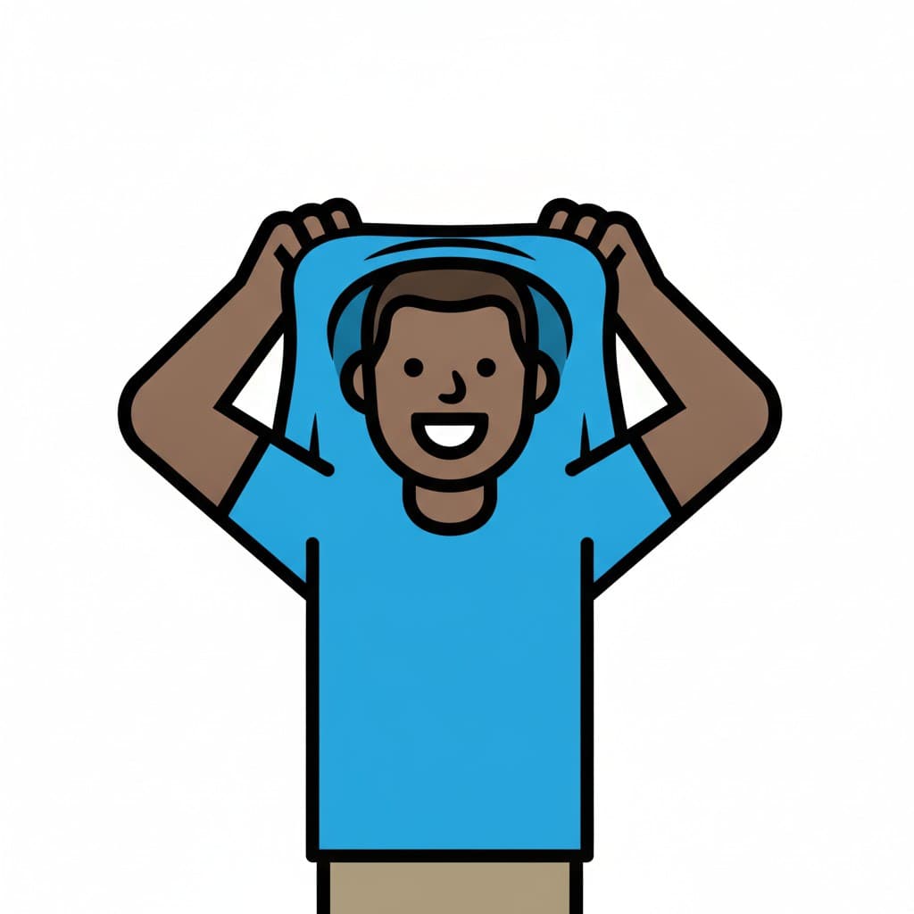 A boy pulls a blue t-shirt down over his head with both hands, his face showing through the neck opening.