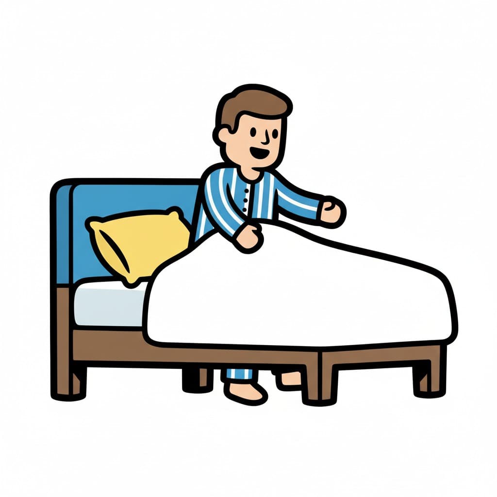 En pojke i pyjamas drar upp täcket på en säng.