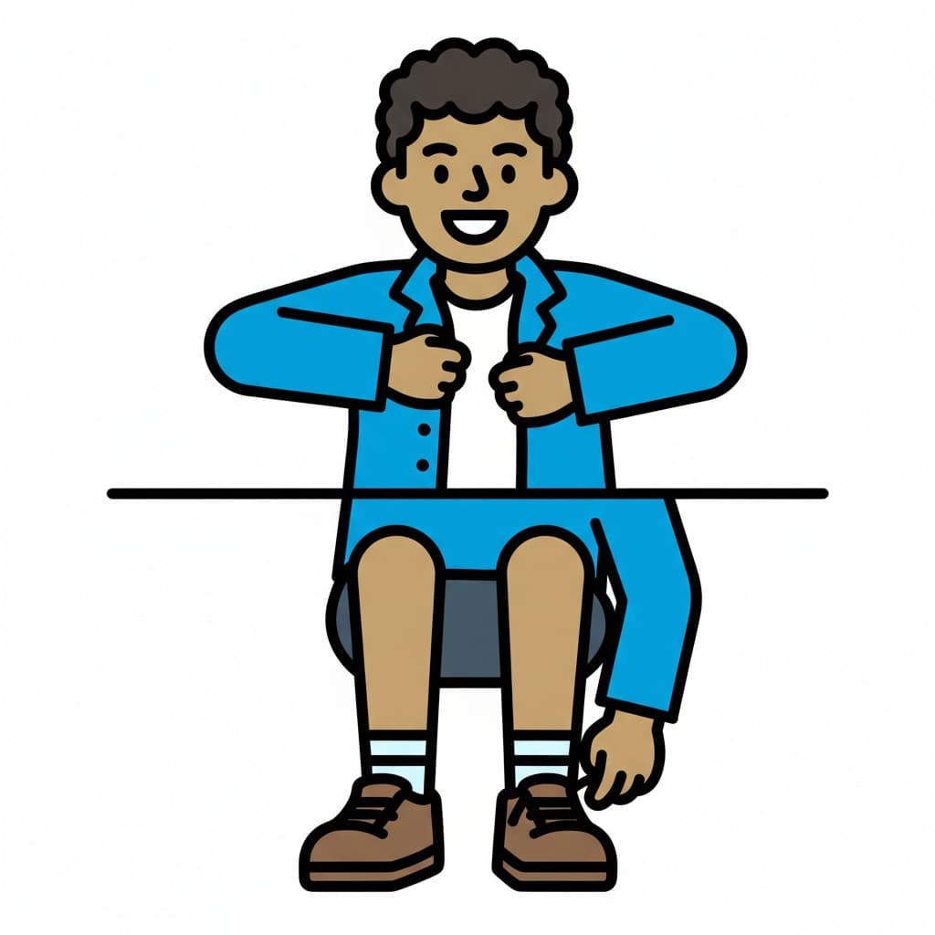 A boy sits down, putting on a blue jacket, while wearing brown shoes.