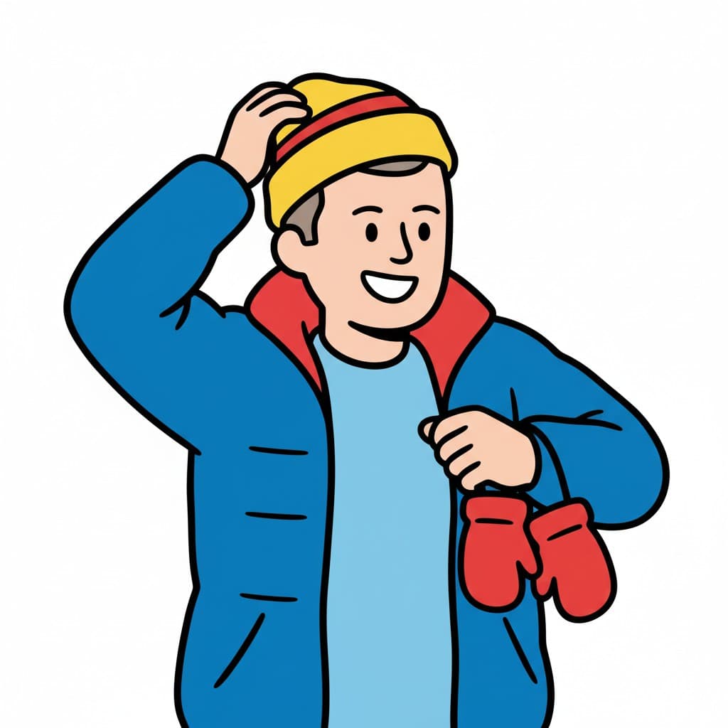 A boy putting on a blue winter jacket, a yellow hat, and holding red mittens.