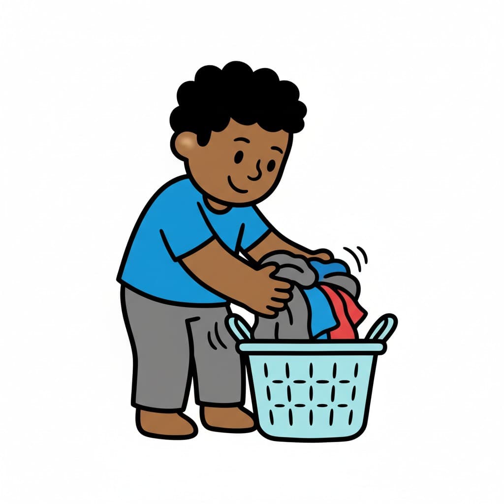 A boy puts dirty clothes into a laundry basket.