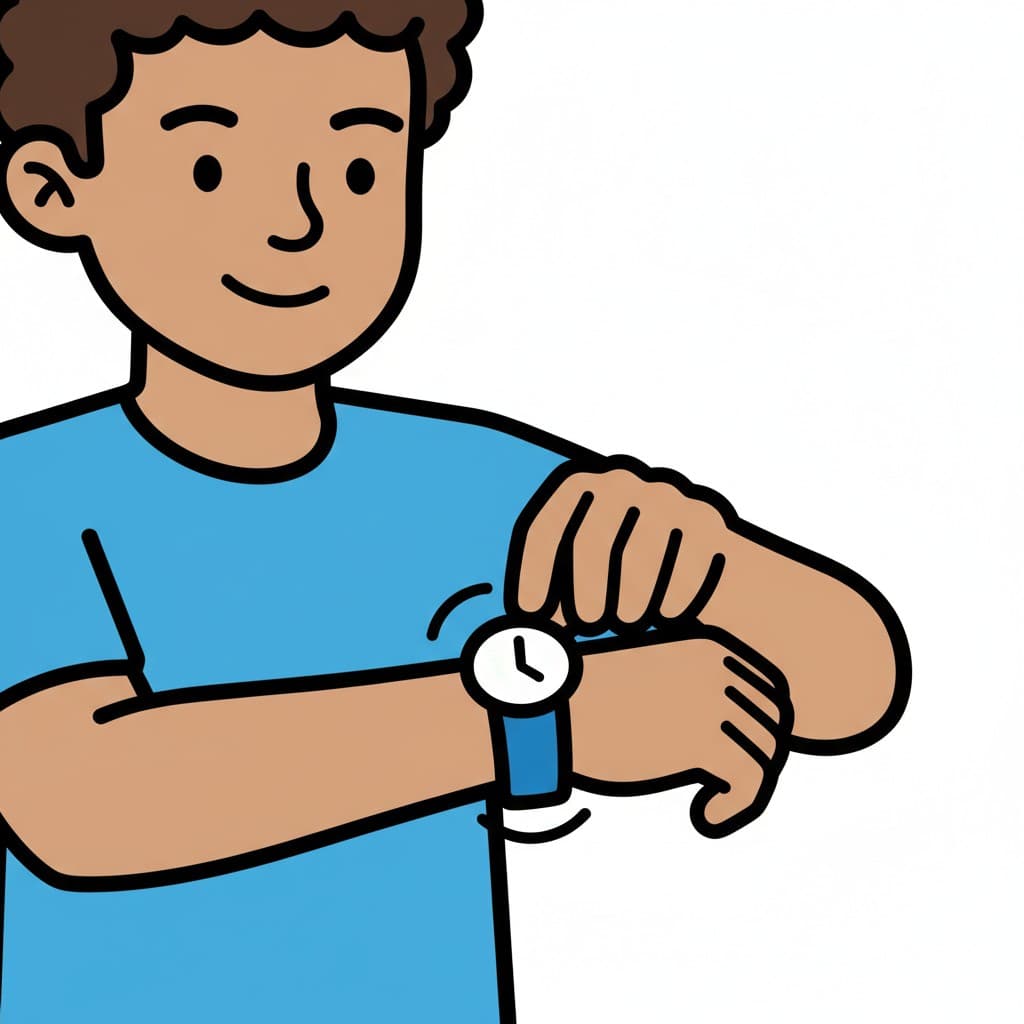 En pojke med kort hår och blå t-shirt sätter på sig en vit och blå klocka på sin vänstra handled.