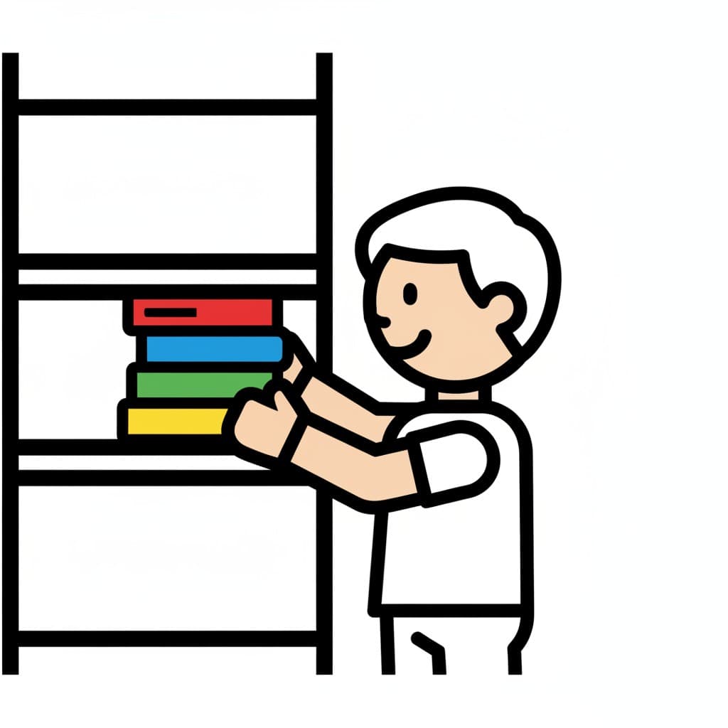 A character placing colorful books on a bookshelf.