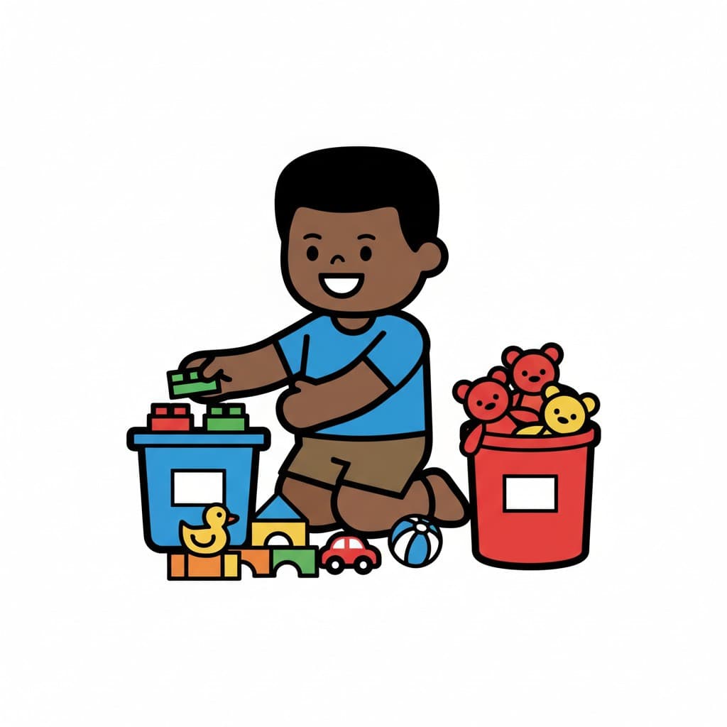 A boy kneels, putting a green building block into a blue bucket. Beside him are other toys like blocks, a duck, a car, and a beach ball. A red bucket filled with teddy bears is next to him.