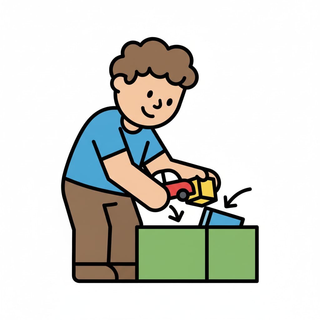 A smiling boy puts a toy car and a building block into a green storage box. Arrows indicate the action of putting items inside.