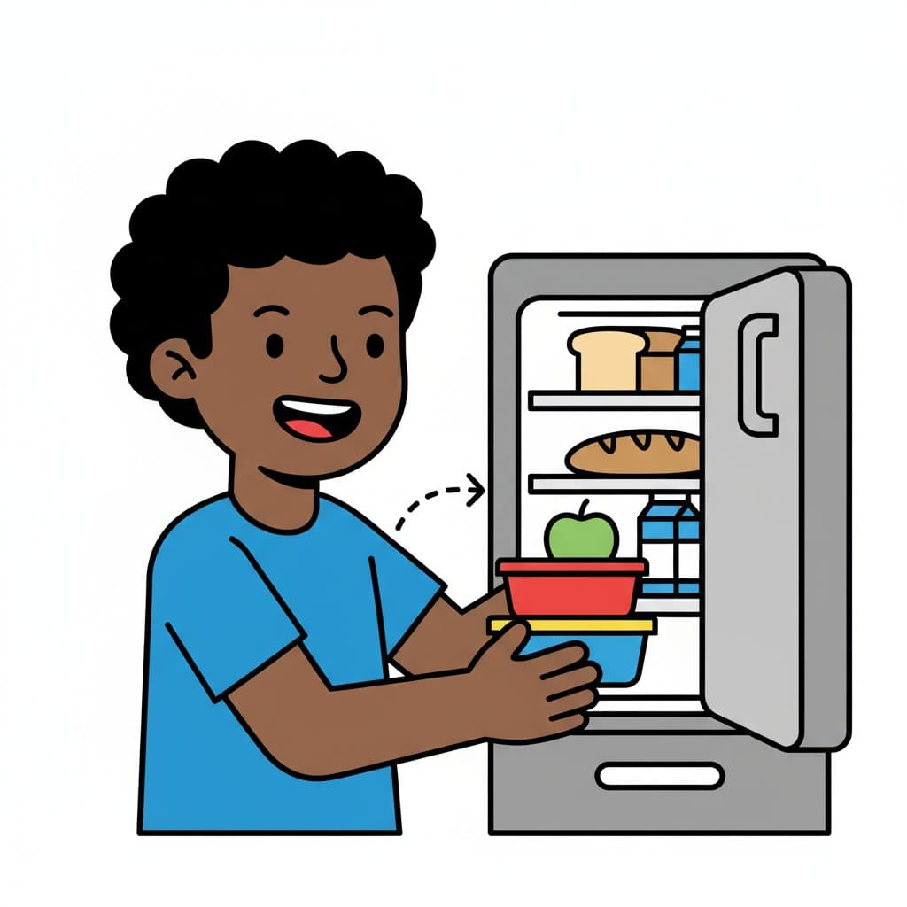 En person ställer in staplade matlådor i kylskåpet, med en pil som visar rörelsen in.