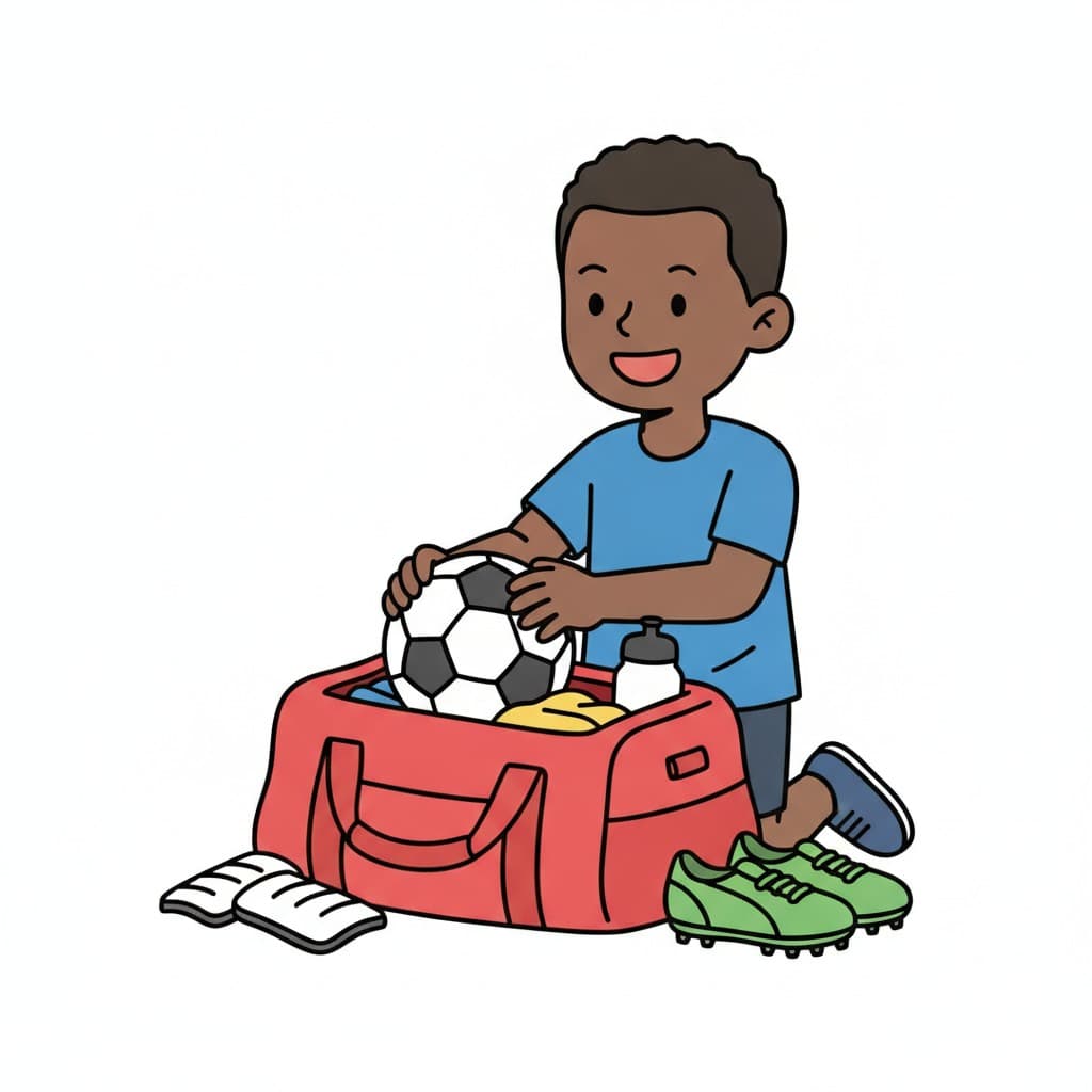 A boy kneels and lowers a football into a red sports bag that also holds a water bottle, with green boots and shin guards on the floor.