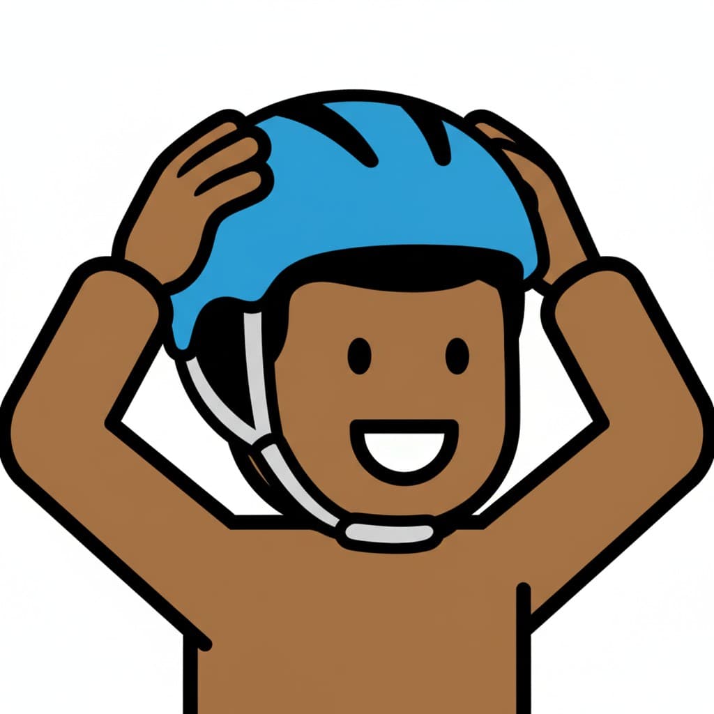 Ein Junge hält einen blauen Helm mit beiden Händen und setzt ihn auf seinen Kopf.