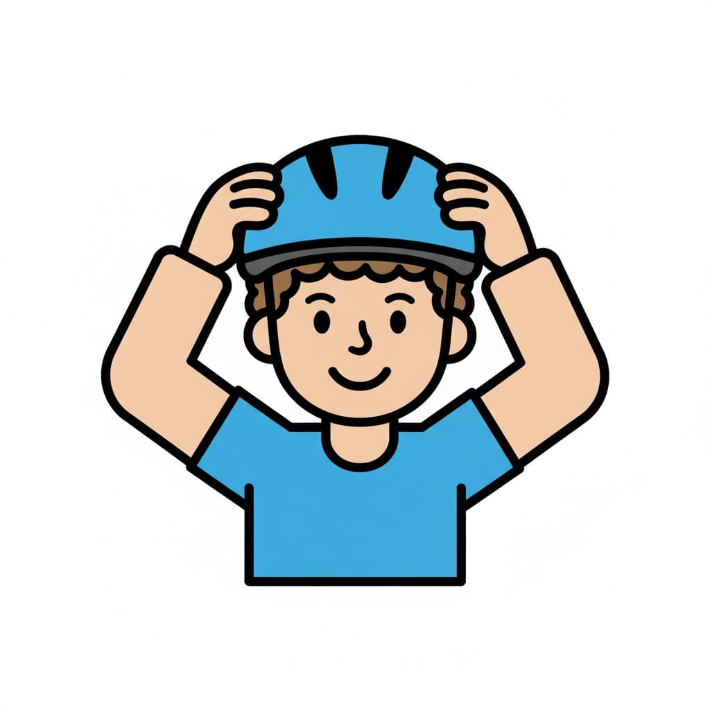 Ein Junge hält einen blauen Helm mit beiden Händen und setzt ihn auf seinen Kopf.