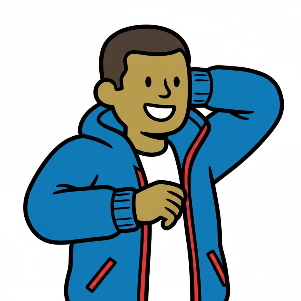 A person is putting on a blue coat.