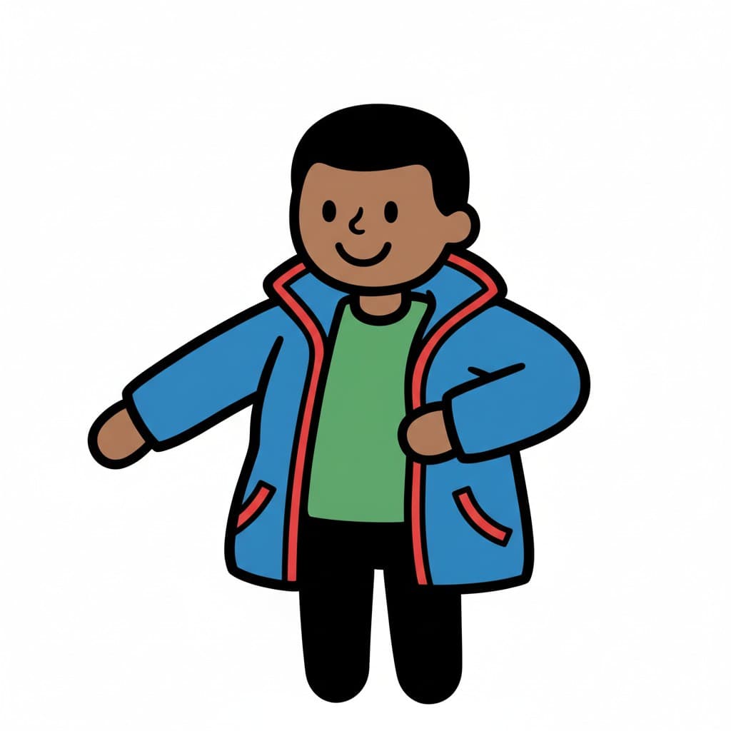 En glad pojke håller på att ta på sig en blå jacka över en grön tröja.