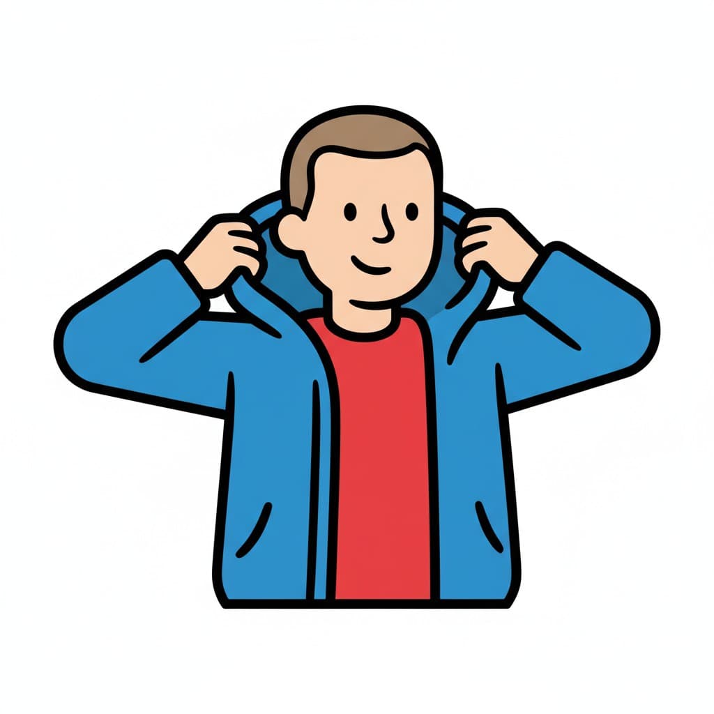 A boy puts on a blue hooded jacket or sweatshirt, holding the hood with both hands.