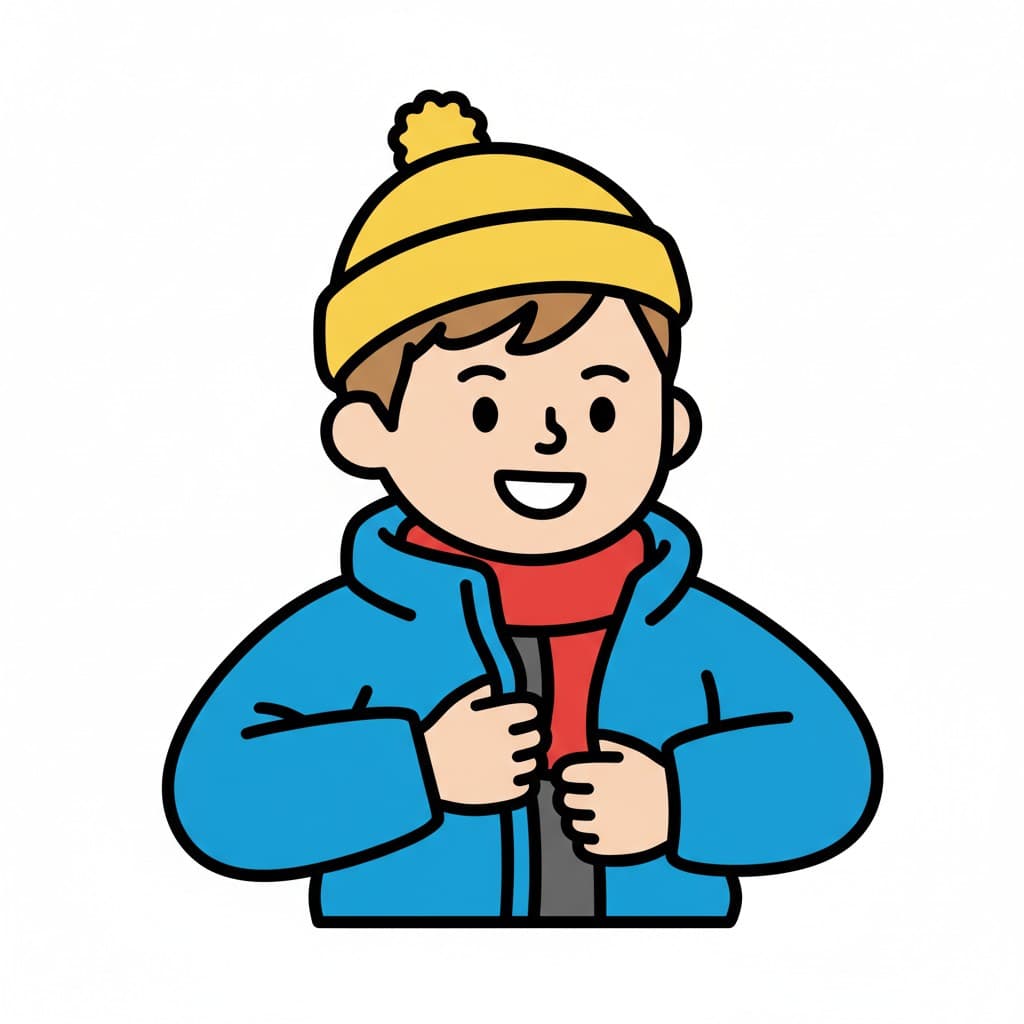 A boy smiling while putting on a blue jacket, red scarf, and yellow beanie.