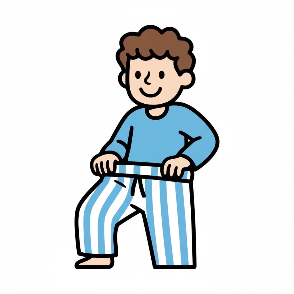 A smiling boy is pulling up his blue and white striped pajama bottoms.
