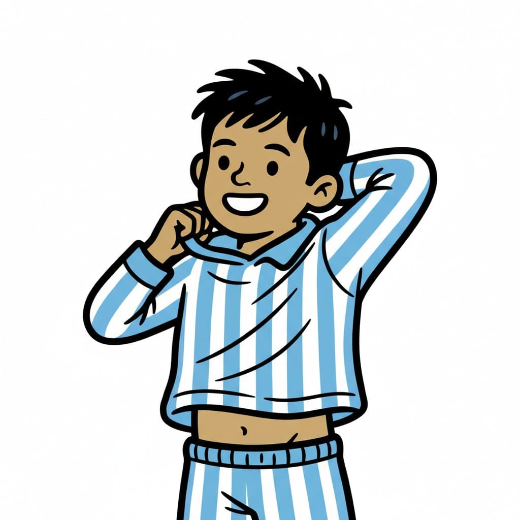 A smiling boy is putting on a blue and white striped pajama top.