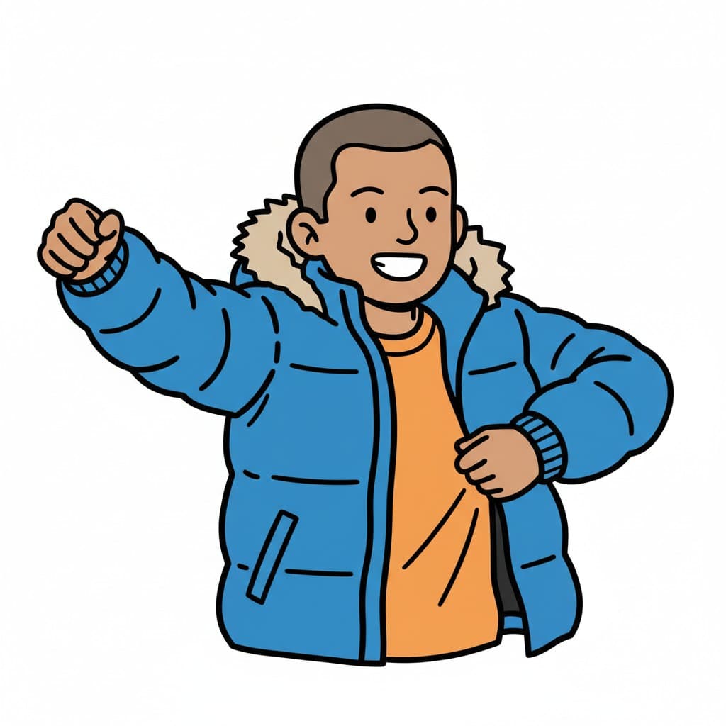A boy puts on a blue puffer jacket with a fur collar, one arm is already in the sleeve, and he looks happy.