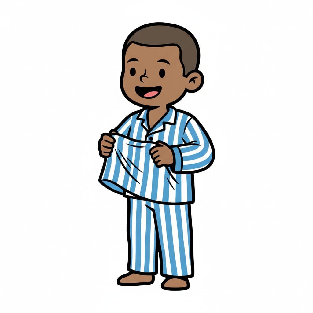 A smiling boy holds up his blue and white striped pyjama top, ready to put it on.