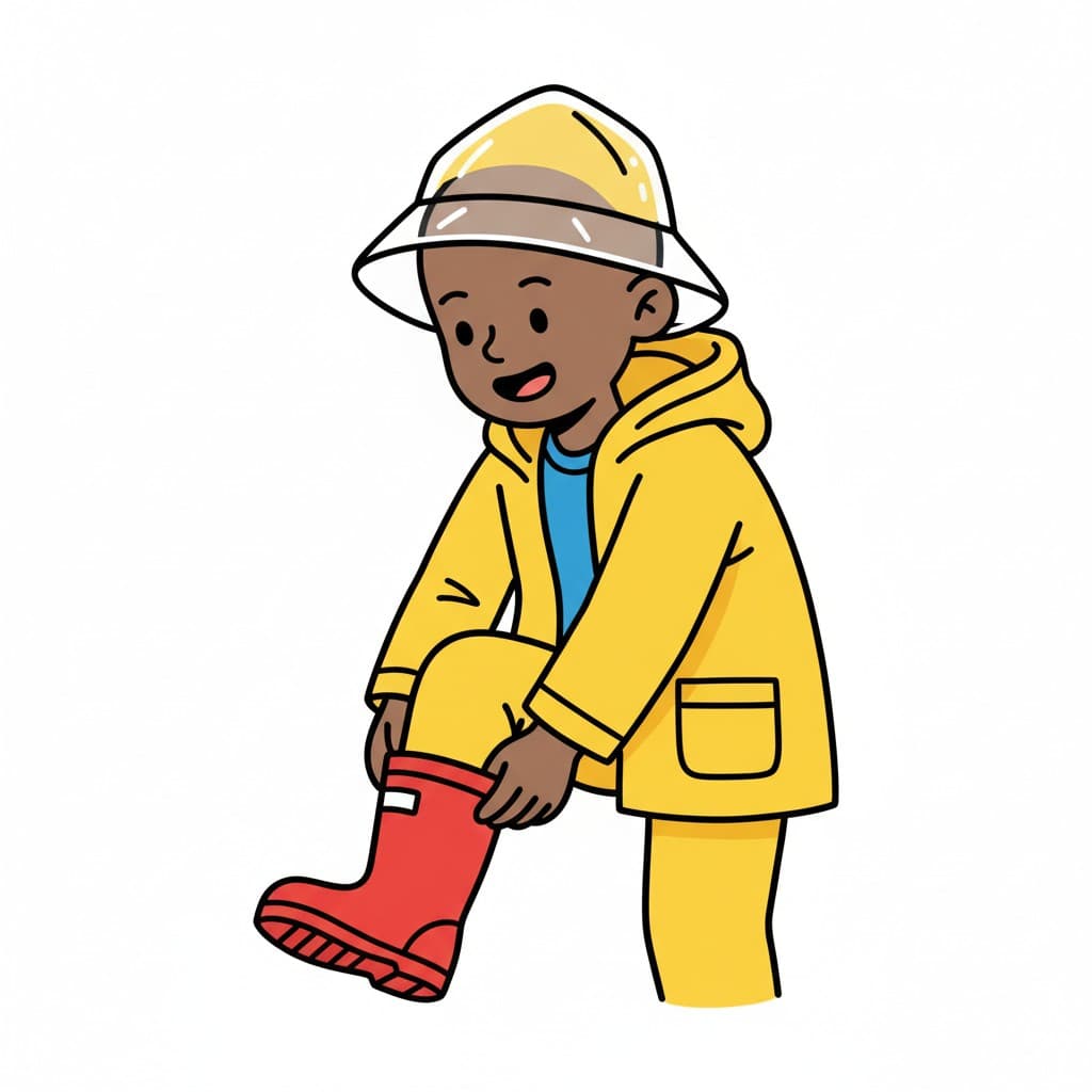 A smiling boy in a yellow raincoat and hat, bending down to put on a red rain boot.