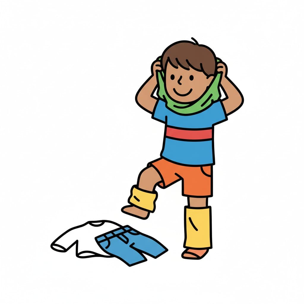 A person is pulling a green shirt over their head to get dressed. Other clothes are on the floor.