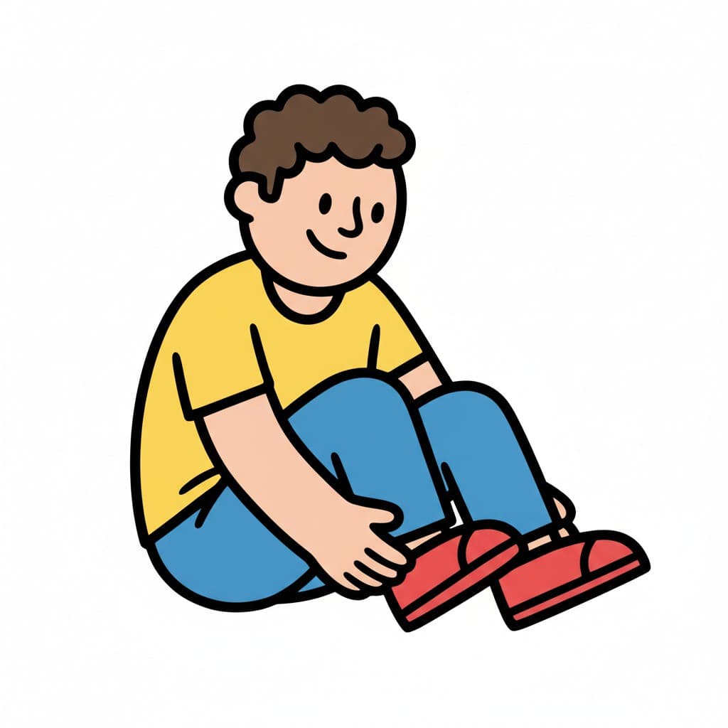 En pojke sitter på golvet och tar på sig ett par röda skor.