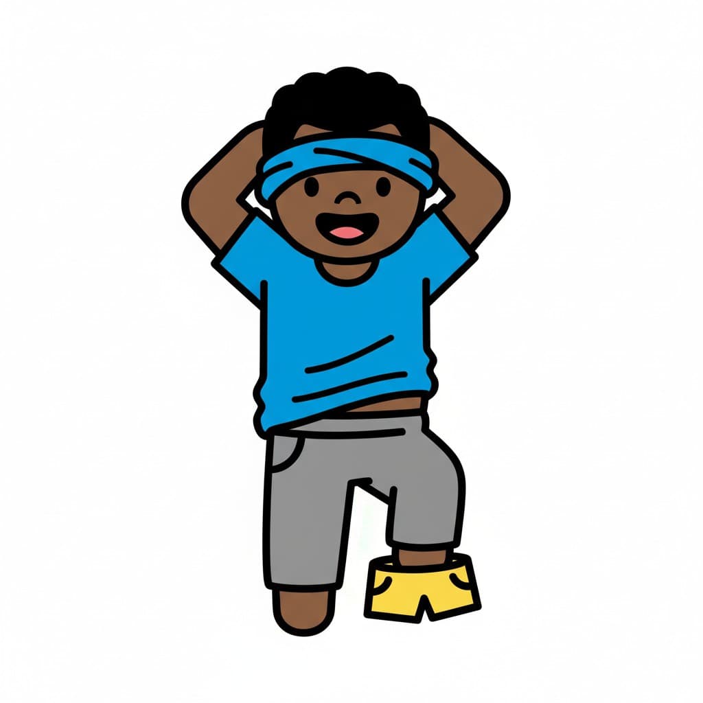 En pojke tar på sig ett par gula shorts över sina gråa byxor. Han har också en blå t-shirt och ett blått pannband.