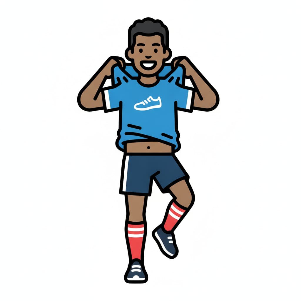 Ein Junge zieht sich ein blaues Sporttrikot über den Kopf und trägt schon Shorts, Stutzen und Turnschuhe.