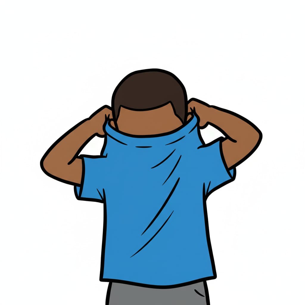 A boy pulls a blue t-shirt over his head to get dressed.