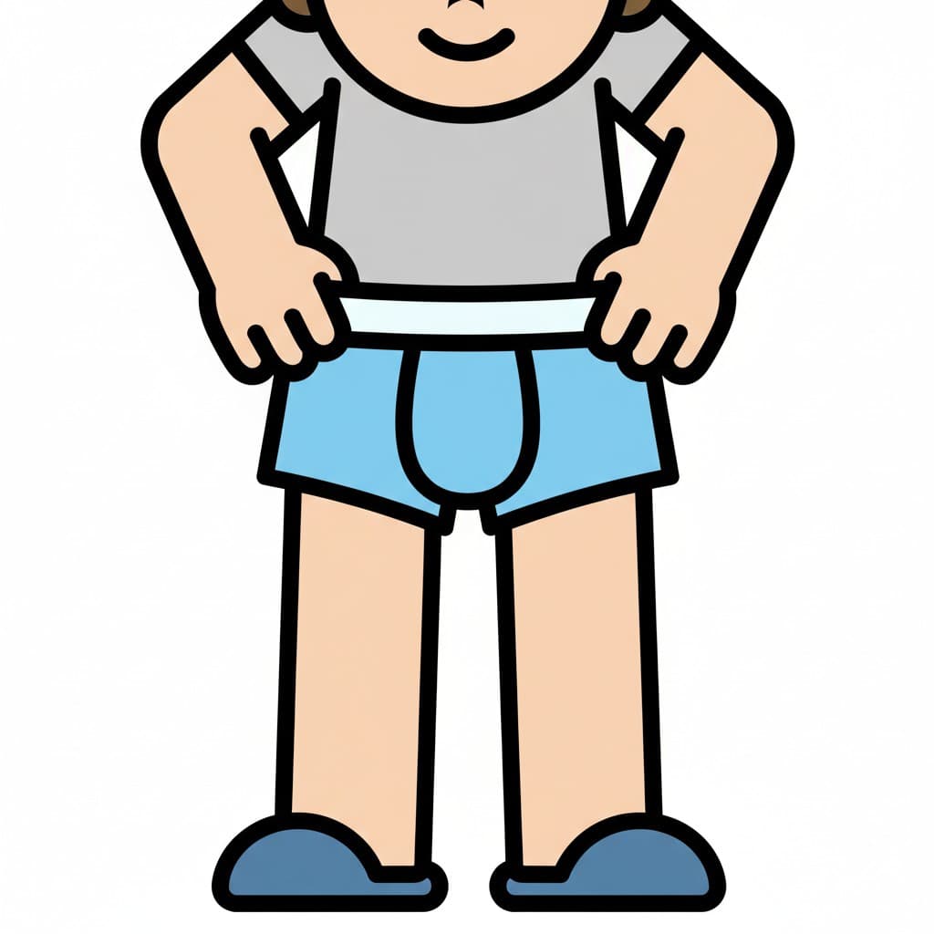 An illustration of a boy pulling up blue underwear.