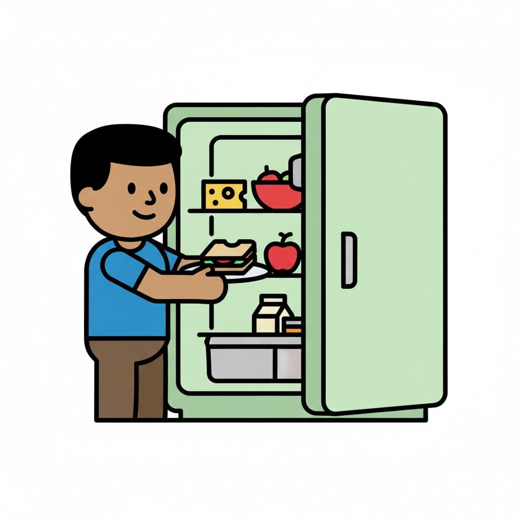 En person ställer in en smörgås på en tallrik i kylskåpet.