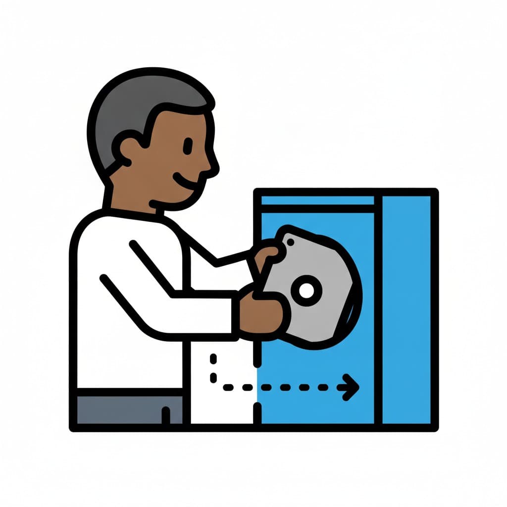 A boy lowers a tablet into a blue storage box, with an arrow showing where it belongs.