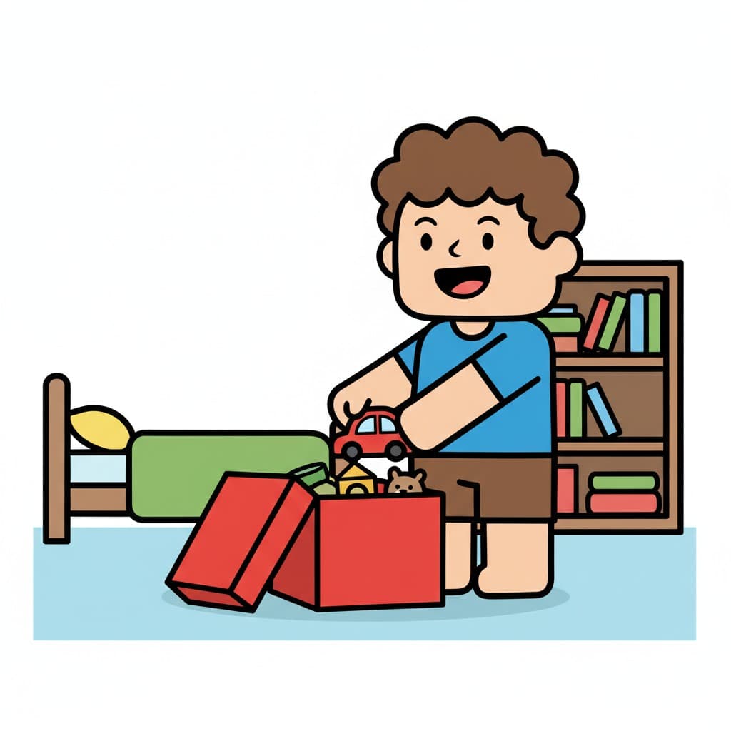 Ein Cartoon-Junge mit lockigem Haar legt Spielzeug in eine rote Kiste neben einem Bett mit grüner Bettwäsche. Im Hintergrund ist ein Bücherregal zu sehen.