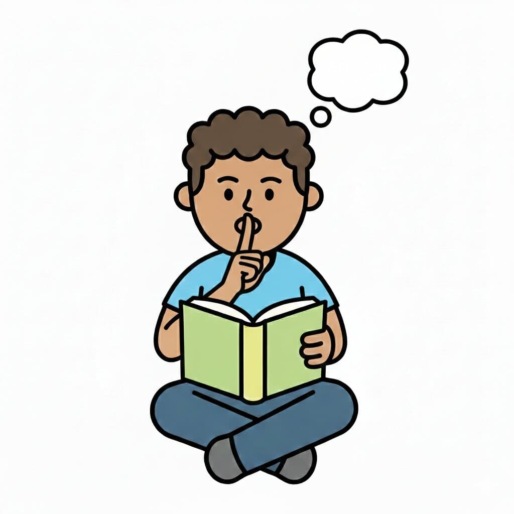 En pojke sitter i skräddarställning med en öppen bok och håller ett finger för munnen för att visa att det är tyst. En tankebubbla med en måne och en stjärna syns ovanför hans huvud.