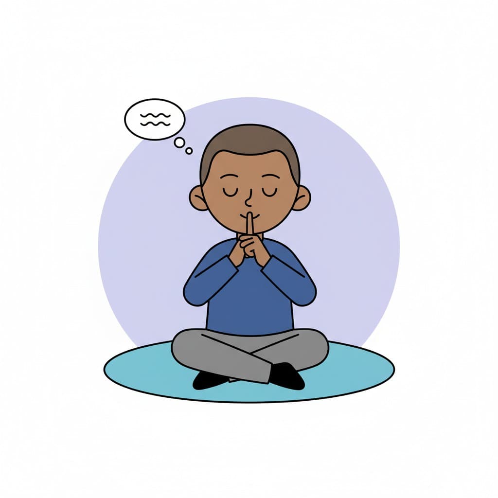 En pojke sitter tyst med ett finger för läpparna, med en tankebubbla ovanför huvudet.