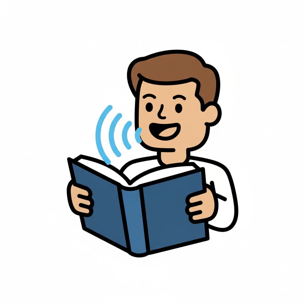A cartoon illustration of a boy reading aloud from a blue book, with sound waves emanating from his mouth.