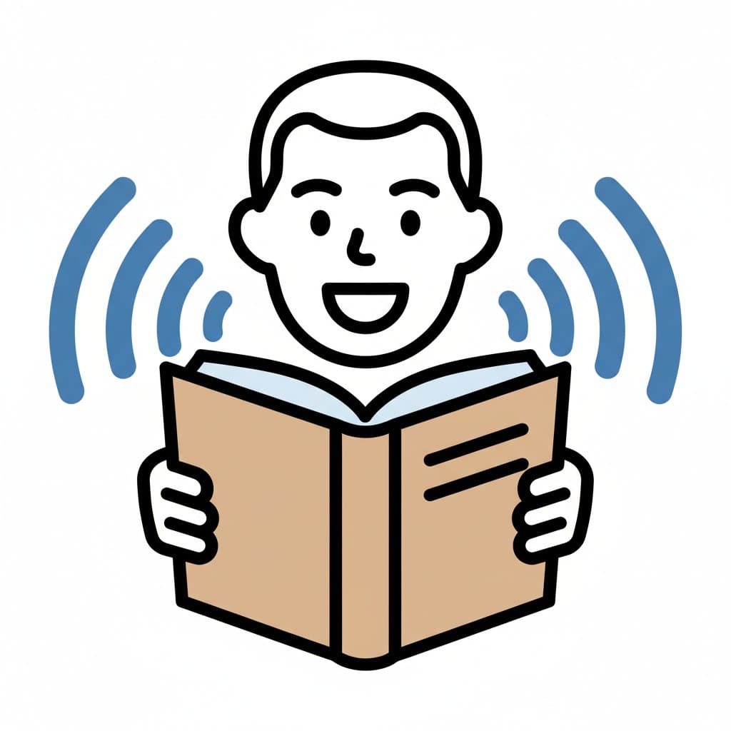 An illustration of a person reading a book aloud, with sound waves indicating speech.