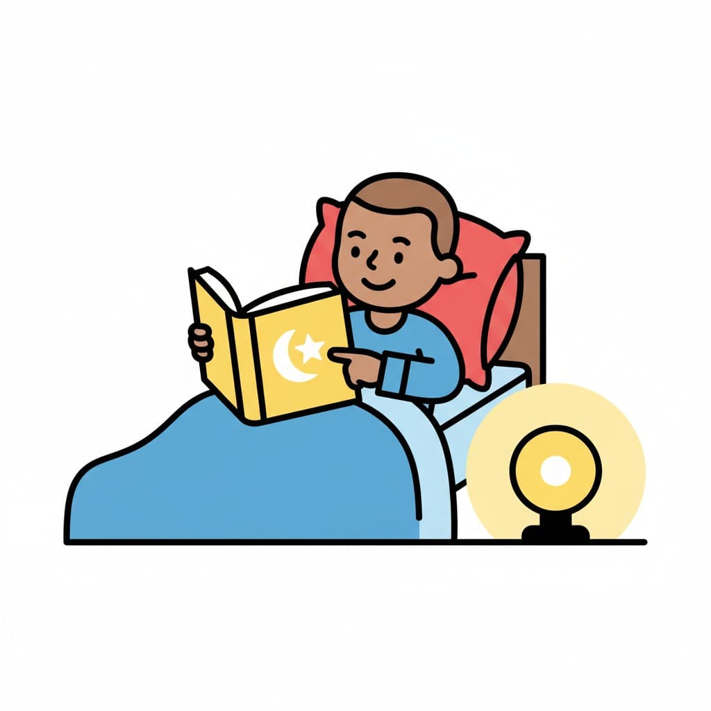 A boy is lying in bed reading a yellow book. A bedside lamp with a warm glow is next to the bed.