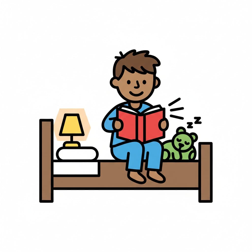 A boy sits on a bed, reading a red book. Next to him is a nightstand with a lamp and a sleeping teddy bear.