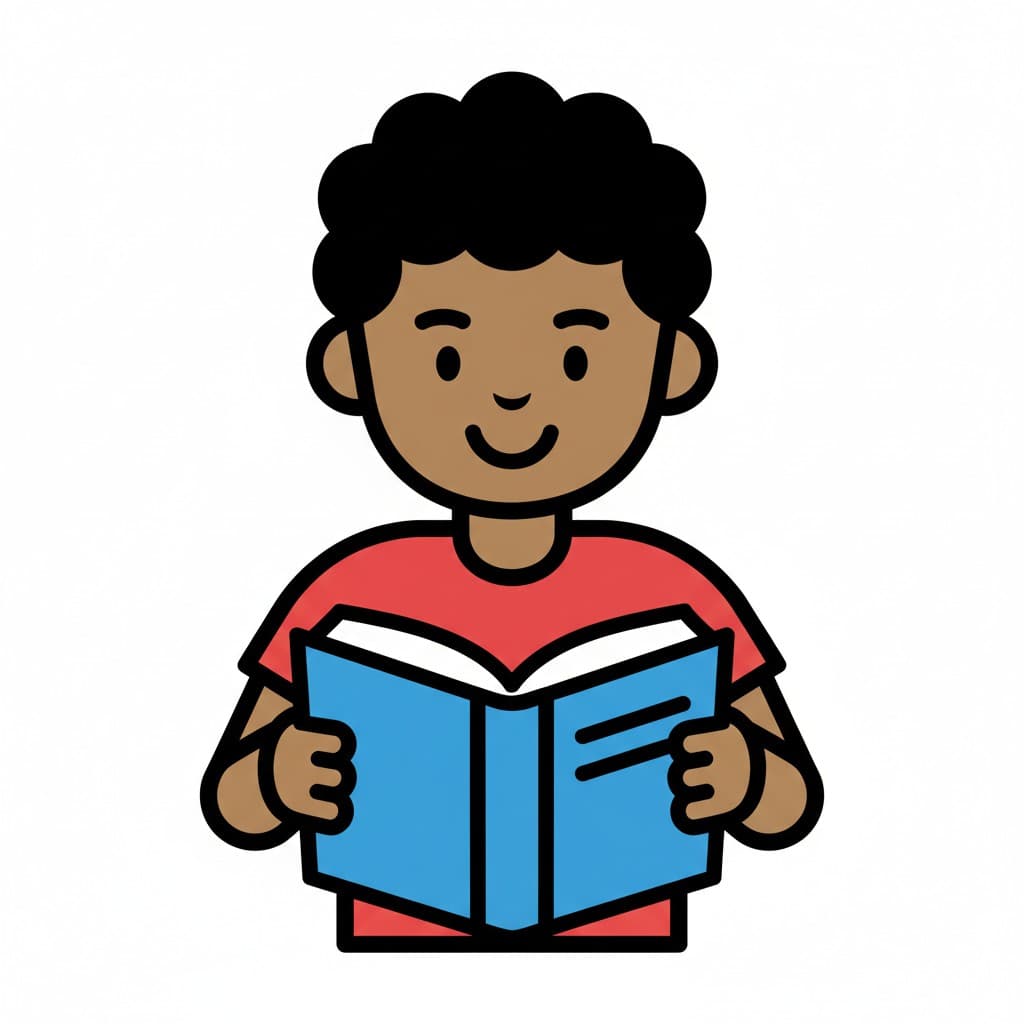 En pojke sitter och läser en blå bok.