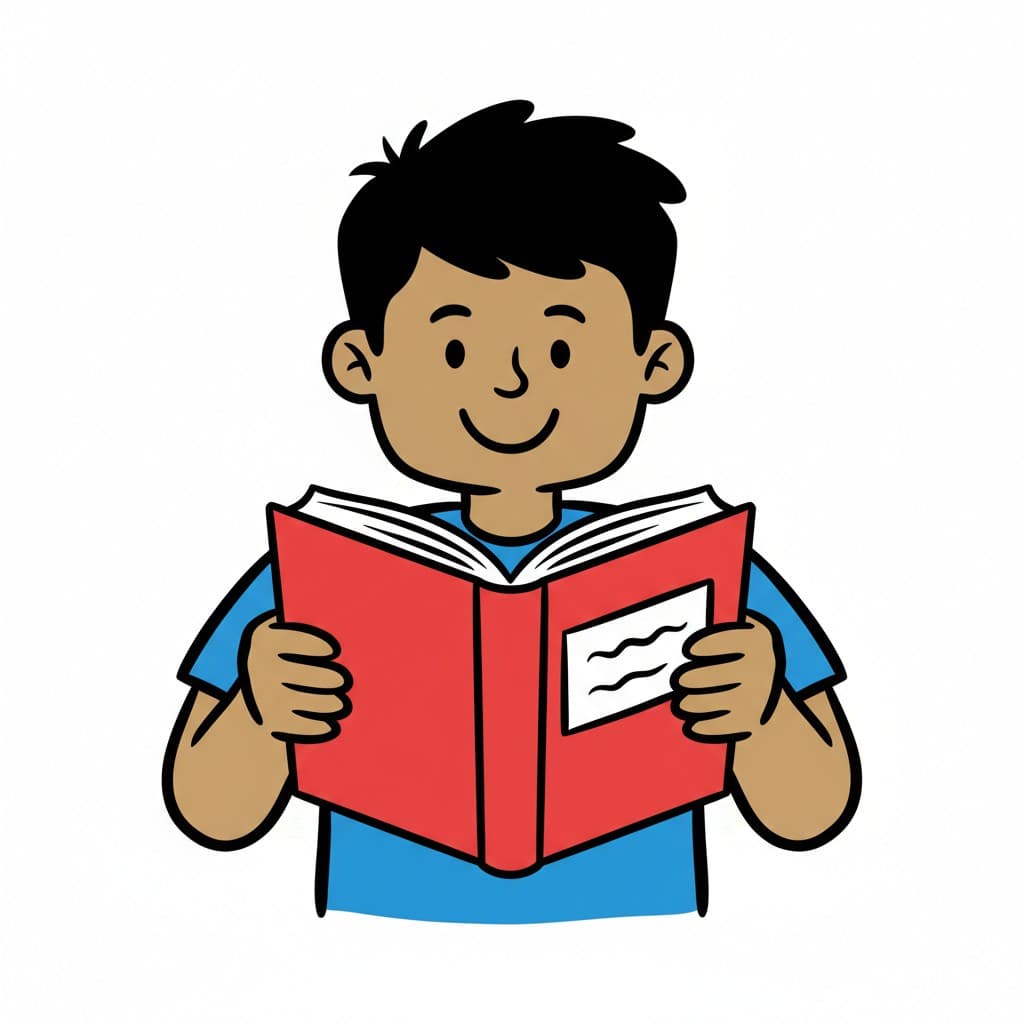 En gutt leser en bok.