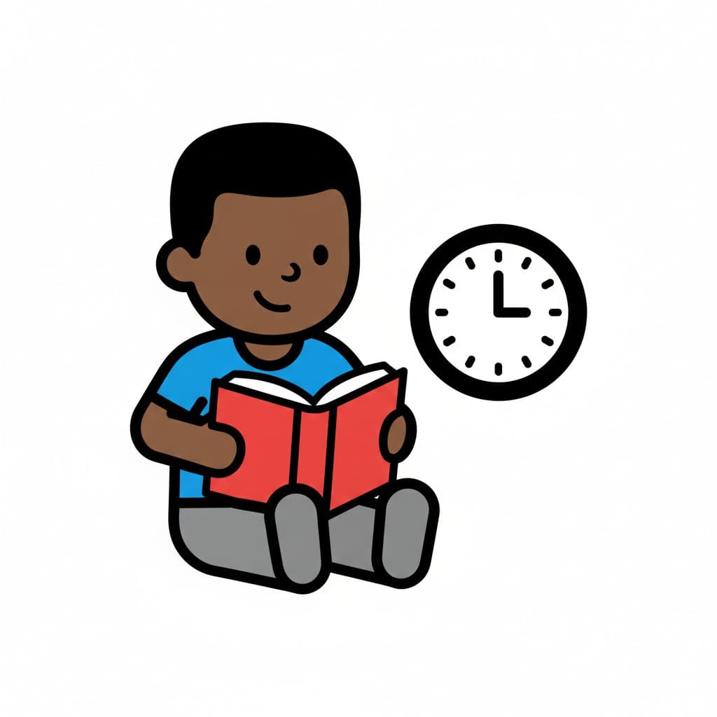 A boy sits holding a red book, with a clock next to him showing the time as quarter past nine.