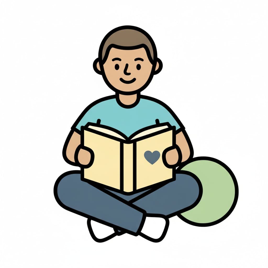 A boy sits cross-legged on the floor reading an open book.