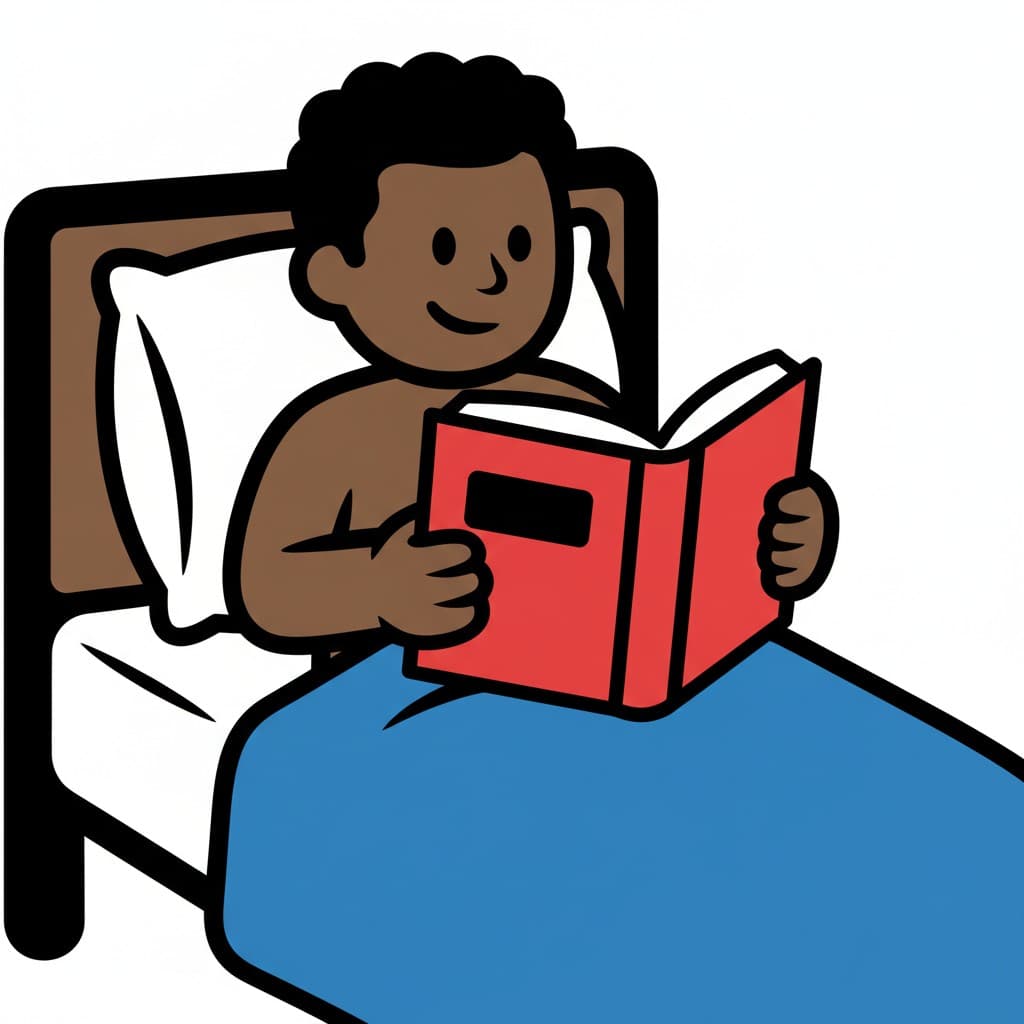 Eine Person liegt im Bett, gegen ein Kissen gelehnt, und liest ein rotes Buch.