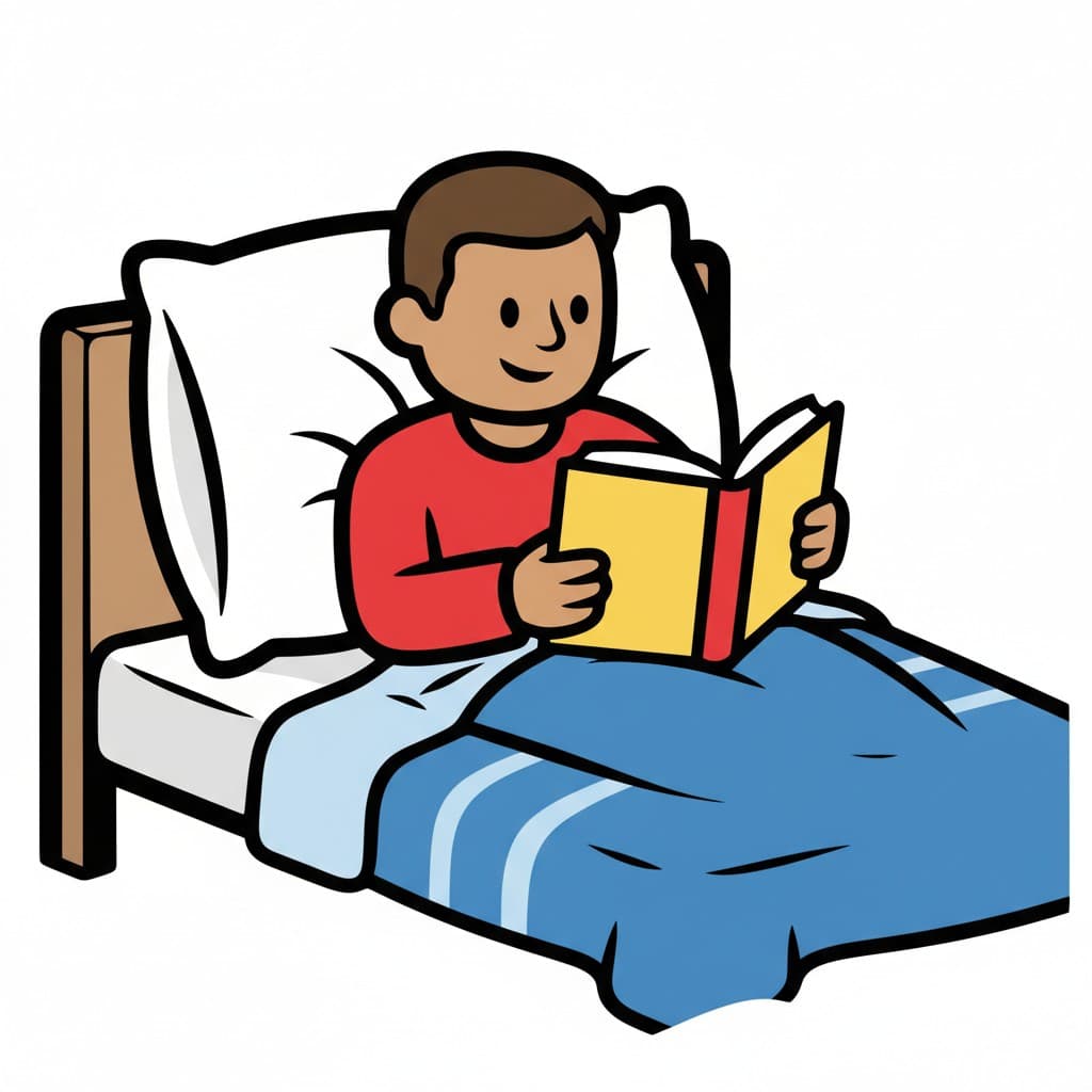Ein Junge sitzt in einem Bett und liest ein Buch.