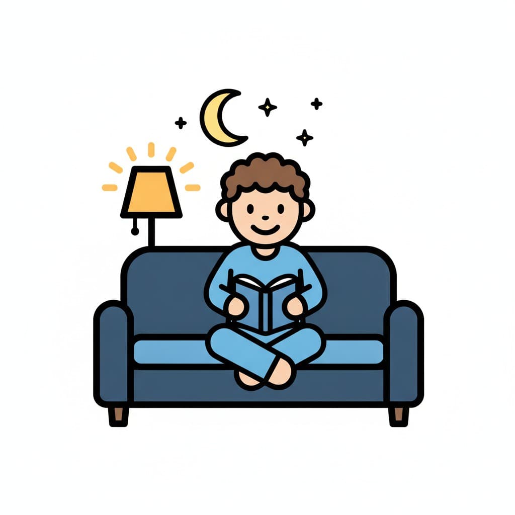 Ein Junge im Schlafanzug sitzt auf dem Sofa und liest ein Buch, während die Lampe leuchtet und der Mond zu sehen ist.